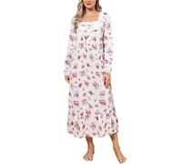 Rubehoow Women's Knit Floral Long Sleeve Cotton Nightgown Button Front Long House Dress with Pokcets (Pink Rose, S)