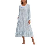 Rubehoow Womens Retro Victorian Nightgown for Halloween Ghost Costume Cosplay Long Night Dress with Pockets (M,Blue Floral)