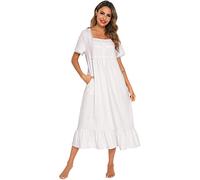 Rubehoow Womens Retro Victorian Nightgown Short Sleeve Button Front Night Dress Medium M,White