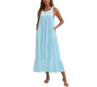 Rubehoow Women's Sleeveless Nightgown Old-fashion Floral Print Moo Moo Sleep Dress with Button Down (Light Blue, L)