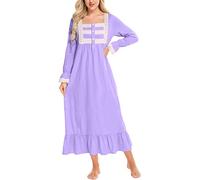 Rubehoow Women's Soft Cotton Nightgown Long Sleeve Vintage Nightie Sleep Gown with Pockets Purple, L