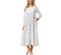 Rubehoow Womens Victorian Nightgown All Cotton Button Front Ladies Pajamas Vintage Full White Nightdresses(Navy Rose,XL)