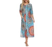 Rubehoow Women's Zipper Robes Half Sleeve Robe Full Length Lightweight Housecoats with Pockets(Mandala,L)