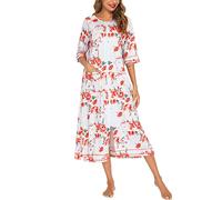 Rubehoow Zipper House Dress for Women Plus Size O Neck Long Duster Coat with Pockets (Rose,2XL)