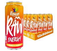 Rubicon RAW 12 Pack Orange & Mango 500ml Energy Drink, 20% Real Fruit Juice, High caffeine with B-Vitamins, Ginseng & Guarana, No Artificial Colours or Flavours, Reduce Tiredness & Boost Energy