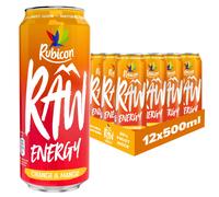 Rubicon RAW 12 Pack Orange & Mango 500ml Energy Drink, 20% Real Fruit Juice, High caffeine with B-Vitamins, Ginseng & Guarana, No Artificial Colours