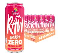 Rubicon RAW 12 Pack Peach & Berry 500ml Energy Drink Zero Added Sugar + 10% Fruit Juice, High Caffeine with B-Vitamins, Ginseng & Guarana, Reduce