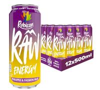 Rubicon RAW 12 Pack Pineapple & Passion 500ml Energy Drink, 20% Real Fruit Juice, High caffeine with B-Vitamins, Ginseng & Guarana, No Artificial Colours or Flavours, Reduce Tiredness & Boost Energy