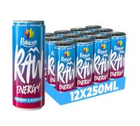 Rubicon RAW 12 Pack Raspberry & Blueberry 250ml Energy Drink, 20% Real Fruit Juice, High caffeine with B-Vitamins, Ginseng & Guarana, No Artificial Colours or Flavours, Reduce Tiredness & Boost Energy