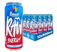 Rubicon RAW 12 Pack Raspberry & Blueberry 500ml Energy Drink, 20% Real Fruit Juice, High caffeine with B-Vitamins, Ginseng & Guarana, No Artificial Colours or Flavours, Reduce Tiredness & Boost Energy