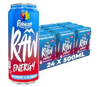 Rubicon RAW 24 Pack Raspberry & Blueberry Energy Drink, 20% Fruit Juice, High caffeine with B-Vitamins, Ginseng & Guarana, Reduce Tiredness & Boost Energy - 24 x 500ml Cans