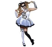 NEW Ladies Mens Harlequin Jester Clown Jingle Harley Quinn Fancy Dress Halloween