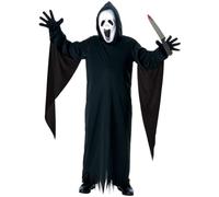 Rubies Childs Howling Ghost Costume Mask Gloves 33cm Prop Size M-L | Four-piece ghost costume with hooded black robe, gloves, deluxe mask and 33cm bloody prop for a spooky Halloween look.