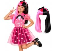 Rubies Girls Monster High Draculaura Costume & Wig Set Age 5-13 | Official Draculaura costume with pink and black printed dress, matching headband and half black, half pink character wig.