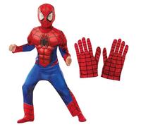 Rubies Marvel Spider-Man Deluxe Childs Costume Mask Gloves Age 3-8 | Official Marvel Spider-Man deluxe costume with muscle padding, printed snood, mesh eyes and gloves for superhero fancy dress.