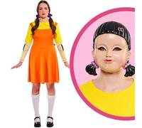 Rubies Official Squid Game Girl Doll Classic Costume and Girl Doll Mask Bundle, Adult Fancy Dress, size 10-12