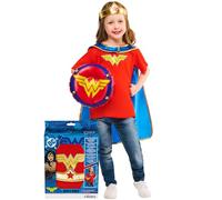 Rubies Official Warner Brothers Wonder Woman 4 Piece Dress Up Set, Includes Tiara, Cape, Inflatable Shield, Top, Size Age 4-6 Years Halloween