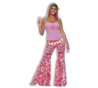 Rubies women's flower power bell bottom trousers costume pink multi | Vibrant psychedelic print with floral and peace sign motifs, perfect for 1960s or 1970s themed fancy dress events