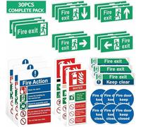 Rubigo 30PK/58PK Fire Exit Signs (RIGHT, LEFT, UP, DOWN ARROW) Keep Clear, 30 X 10cm Fire Action Notice, Extinguisher Signs, Keep Shut, Self Adhesive Vinyl Sticker, Emergency Exit Door, Signage (30pk)