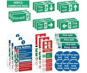 Rubigo 30PK/58PK Fire Exit Signs (RIGHT, LEFT, UP, DOWN ARROW) Keep Clear, 30 X 10cm Fire Action Notice, Extinguisher Signs, Keep Shut, Self Adhesive Vinyl Sticker, Emergency Exit Door, Signage (30pk)