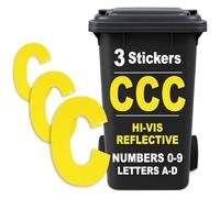 Rubigo 3PK Hi Vis Bin Numbers for Wheelie Bins - 0-9, Letters A-D, 17cm Reflective Dustbin Stickers - Easy Application Neon Yellow Stick On Number Stickers - Weatherproof Self Adhesive Vinyl (C)