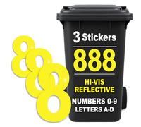 Rubigo 3PK Hi Vis Bin Numbers for Wheelie Bins - 0-9, Letters A-D, 17cm Reflective Dustbin Stickers - Easy Application Neon Yellow Stick On Number Stickers - Weatherproof Self Adhesive Vinyl (8)