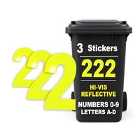 Rubigo 3PK Hi Vis Bin Numbers for Wheelie Bins - 0-9, Letters A-D, 17cm Reflective Dustbin Stickers - Easy Application Neon Yellow Stick On Number Stickers - Weatherproof Self Adhesive Vinyl (2)