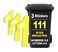 Rubigo 3PK Hi Vis Bin Numbers for Wheelie Bins - 0-9, Letters A-D, 17cm Reflective Dustbin Stickers - Easy Application Neon Yellow Stick On Number Stickers - Weatherproof Self Adhesive Vinyl (1)