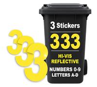Rubigo 3PK Hi Vis Bin Numbers for Wheelie Bins - 0-9, Letters A-D, 17cm Reflective Dustbin Stickers - Easy Application Neon Yellow Stick On Number Stickers - Weatherproof Self Adhesive Vinyl (3)