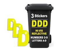 Rubigo 3PK Hi Vis Bin Numbers for Wheelie Bins - 0-9, Letters A-D, 17cm Reflective Dustbin Stickers - Easy Application Neon Yellow Stick On Number Stickers - Weatherproof Self Adhesive Vinyl (D)