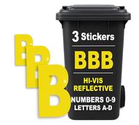 Rubigo 3PK Hi Vis Bin Numbers for Wheelie Bins - 0-9, Letters A-D, 17cm Reflective Dustbin Stickers - Easy Application Neon Yellow Stick On Number Stickers - Weatherproof Self Adhesive Vinyl (B)