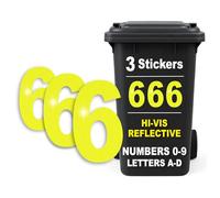 Rubigo 3PK Hi Vis Bin Numbers for Wheelie Bins - 0-9, Letters A-D, 17cm Reflective Dustbin Stickers - Easy Application Neon Yellow Stick On Number Stickers - Weatherproof Self Adhesive Vinyl (6)