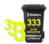 Rubigo 3PK Hi Vis Bin Numbers for Wheelie Bins - 0-9, Letters A-D, 17cm Reflective Dustbin Stickers - Easy Application Neon Yellow Stick On Number Stickers - Weatherproof Self Adhesive Vinyl (3)