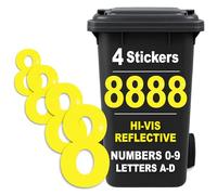 Rubigo 4PK Hi Vis Bin Numbers for Wheelie Bins - 0-9, Letters A-D, 17cm Reflective Dustbin Stickers - Easy Application Neon Yellow Stick On Number Stickers - Weatherproof Self Adhesive Vinyl (8)