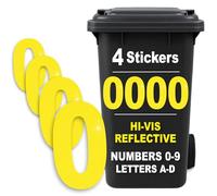Rubigo 4PK Hi Vis Bin Numbers for Wheelie Bins - 0-9, Letters A-D, 17cm Reflective Dustbin Stickers - Easy Application Neon Yellow Stick On Number Stickers - Weatherproof Self Adhesive Vinyl (0)