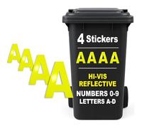 Rubigo 4PK Hi Vis Bin Numbers for Wheelie Bins - 0-9, Letters A-D, 17cm Reflective Dustbin Stickers - Easy Application Neon Yellow Stick On Number Stickers - Weatherproof Self Adhesive Vinyl (A)
