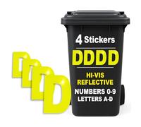 Rubigo 4PK Hi Vis Bin Numbers for Wheelie Bins - 0-9, Letters A-D, 17cm Reflective Dustbin Stickers - Easy Application Neon Yellow Stick On Number Stickers - Weatherproof Self Adhesive Vinyl (D)