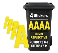 Rubigo 4PK Hi Vis Bin Numbers for Wheelie Bins - 0-9, Letters A-D, 17cm Reflective Dustbin Stickers - Easy Application Neon Yellow Stick On Number Stickers - Weatherproof Self Adhesive Vinyl (A)