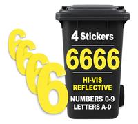 Rubigo 4PK Hi Vis Bin Numbers for Wheelie Bins - 0-9, Letters A-D, 17cm Reflective Dustbin Stickers - Easy Application Neon Yellow Stick On Number Stickers - Weatherproof Self Adhesive Vinyl (6)