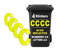 Rubigo 4PK Hi Vis Bin Numbers for Wheelie Bins - 0-9, Letters A-D, 17cm Reflective Dustbin Stickers - Easy Application Neon Yellow Stick On Number Stickers - Weatherproof Self Adhesive Vinyl (C)