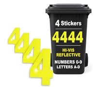Rubigo 4PK Hi Vis Bin Numbers for Wheelie Bins - 0-9, Letters A-D, 17cm Reflective Dustbin Stickers - Easy Application Neon Yellow Stick On Number Stickers - Weatherproof Self Adhesive Vinyl (4)