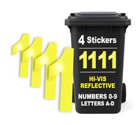 Rubigo 4PK Hi Vis Bin Numbers for Wheelie Bins - 0-9, Letters A-D, 17cm Reflective Dustbin Stickers - Easy Application Neon Yellow Stick On Number Stickers - Weatherproof Self Adhesive Vinyl (1)