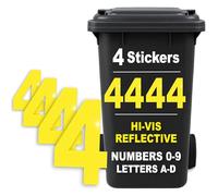 Rubigo 4PK Hi Vis Bin Numbers for Wheelie Bins - 0-9, Letters A-D, 17cm Reflective Dustbin Stickers - Easy Application Neon Yellow Stick On Number Stickers - Weatherproof Self Adhesive Vinyl (4)