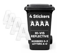 Rubigo 4PK Silver Hi Vis Bin Numbers for Wheelie Bins - 0-9, Letters A-D, 17cm Reflective Dustbin Stickers - Easy Application Stick On Number Stickers - Weatherproof Self Adhesive Vinyl (A)