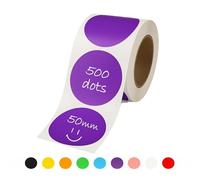 Rubigo 50mm Coloured Circle Stickers - 500 Round Stickers - 10 Colours, Writable, Durable Sticky Labels on a Roll for Thermal Transfer Printing, Moving House, Warehouse, Crafts. Semi Gloss (Purple)
