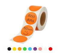 Rubigo 50mm Coloured Circle Stickers - 500 Round Stickers - 10 Colours, Writable, Durable Sticky Labels on a Roll for Thermal Transfer Printing, Moving House, Warehouse, Crafts. Semi Gloss (Orange)