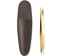 Rubis Gold Tweezers - Eyebrow Tweezers Slanted in Brown Leather Tweezers Case - Professional Tweezers for Eyebrow Plucking