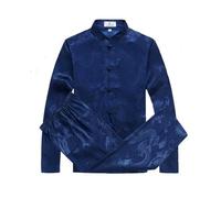 Rubruan Men’s Chinese Tang Suit Set - Dragon Pattern Long Sleeve Kung Fu Shirt and Trousers - Traditional Cotton Linen Chinese Outfit for Tai Chi, Meditation, Costume or Daily Wear