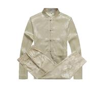 Rubruan Men’s Chinese Tang Suit Set - Dragon Pattern Long Sleeve Kung Fu Shirt and Trousers - Traditional Cotton Linen Chinese Outfit for Tai Chi, Meditation, Costume or Daily Wear