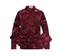 Rubruan Men’s Chinese Tang Suit Set - Dragon Pattern Long Sleeve Kung Fu Shirt and Trousers - Traditional Cotton Linen Chinese Outfit for Tai Chi, Meditation, Costume or Daily Wear